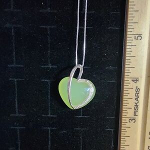 Vintage Sterling Silver/Polished Jade Heart Pendant And Necklace Tested+
